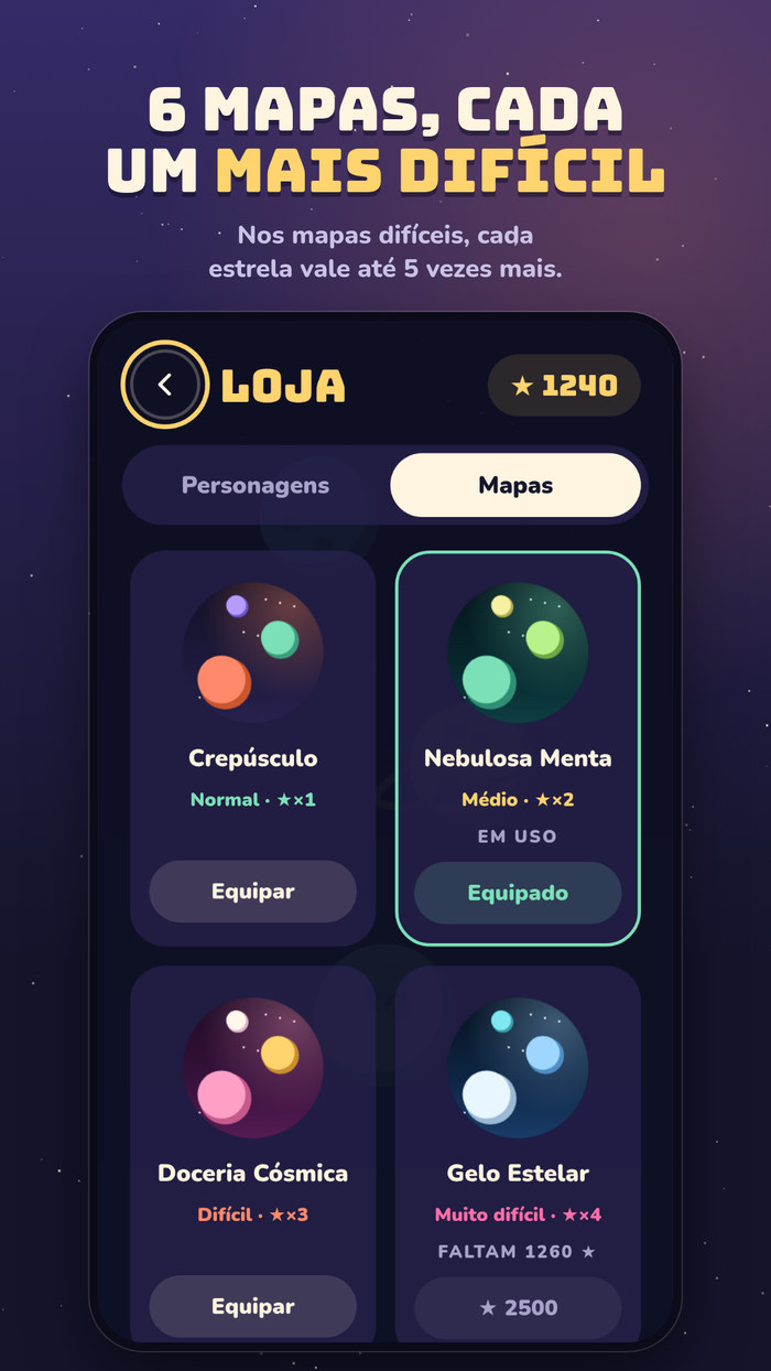 Loja de mapas do Cosmo Skip, com dificuldade e multiplicador de estrelas por mapa.