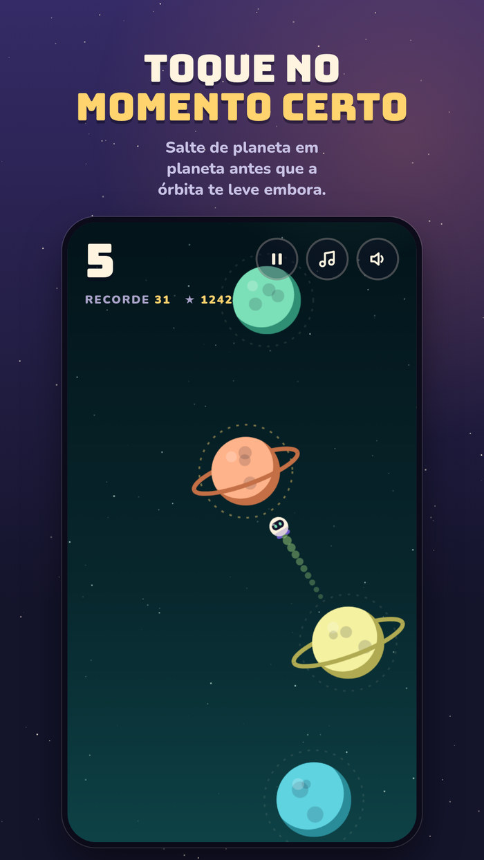 Partida do Cosmo Skip: o astronauta em órbita de um planeta, com pontuação e recorde no topo.